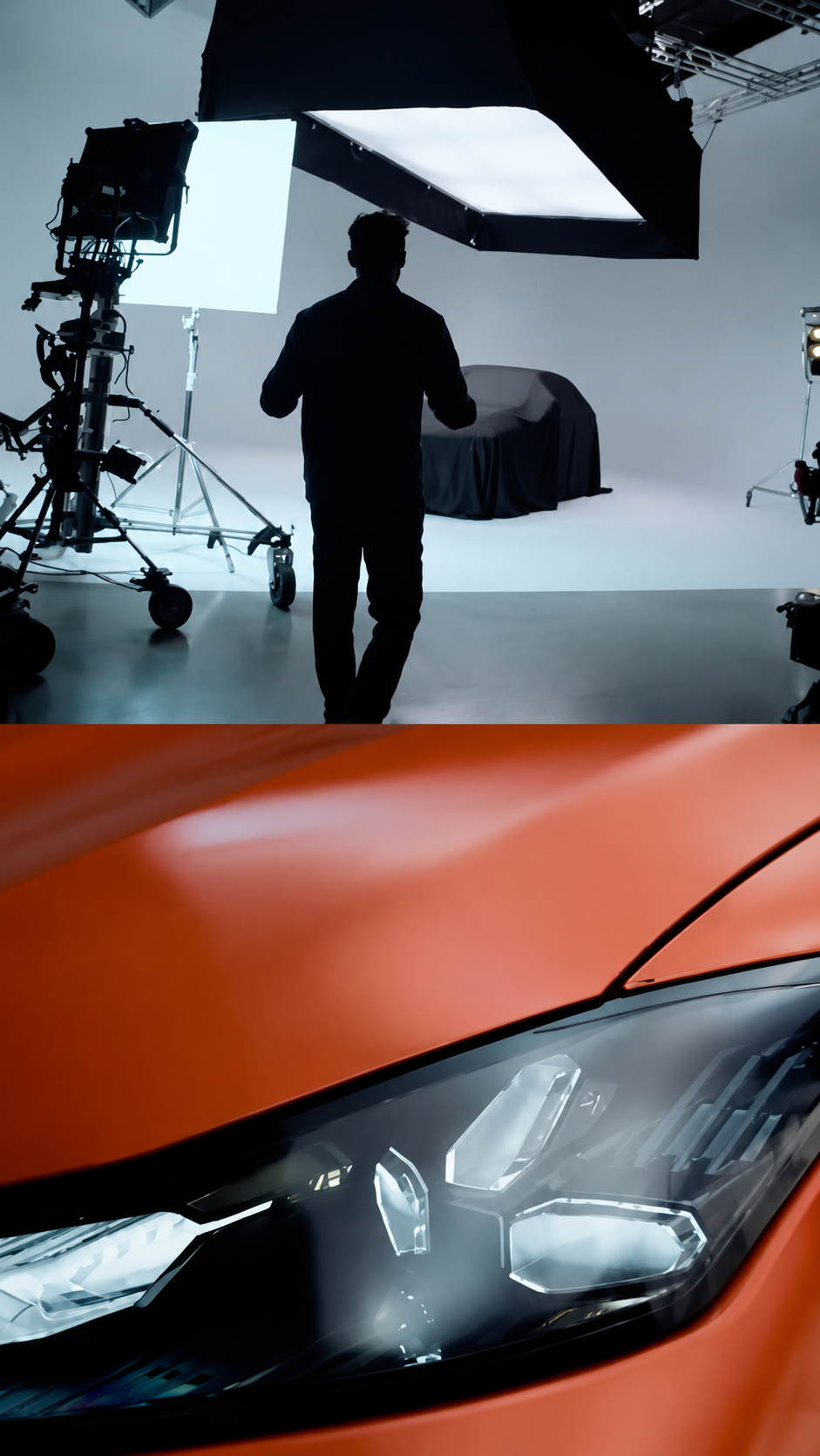 Silhouette in a film studio with a covered car